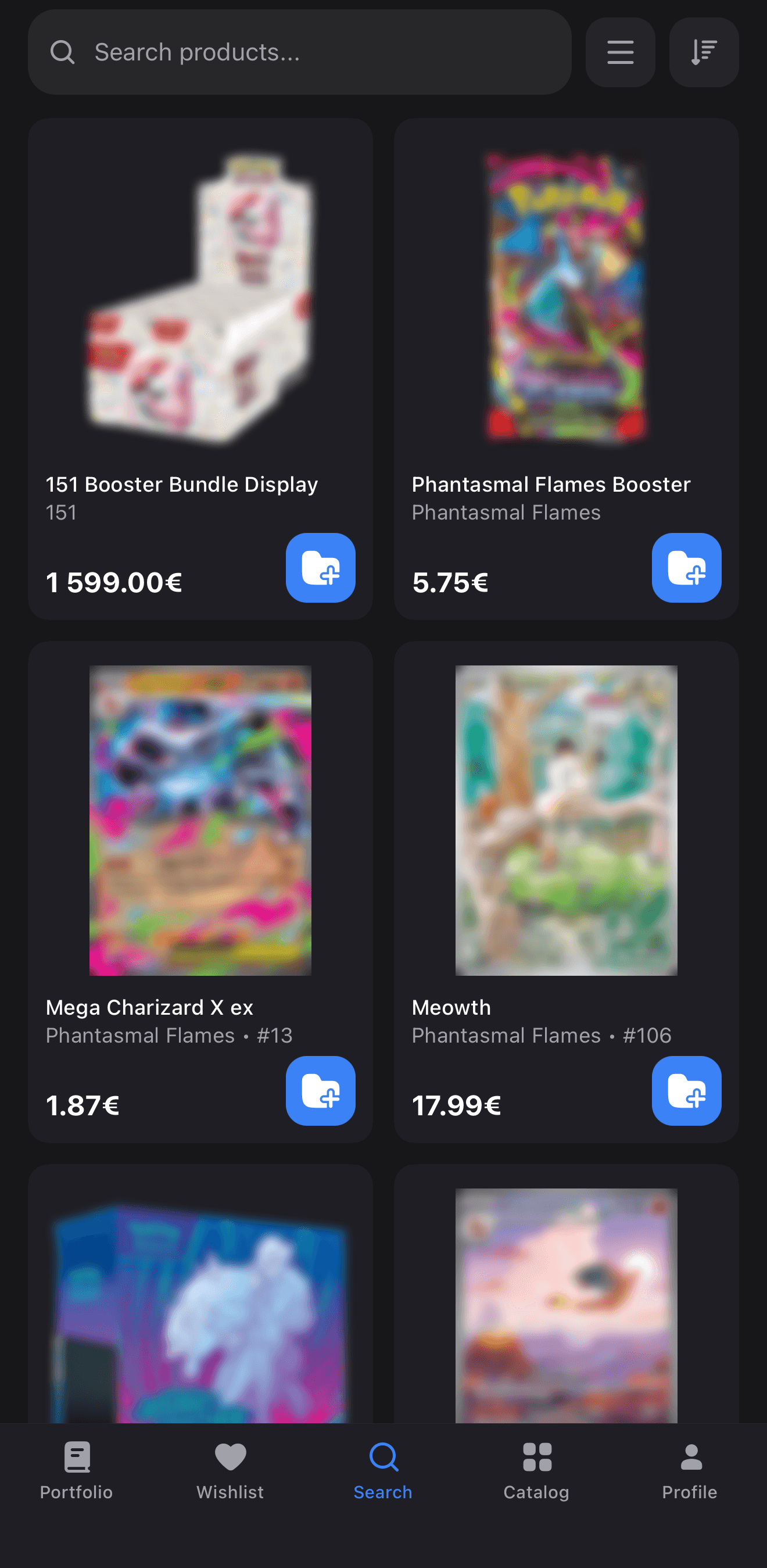 Product search grid showing sealed displays and singles